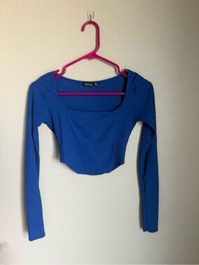 Boohoo Cobalt Blue Ribbed Long-Sleeve Crop Top